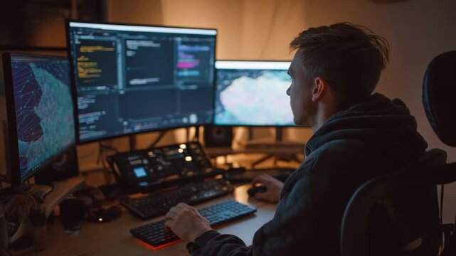 Medium shot of a sound designer utilizing advanced mixing software to craft an enveloping immersive audio atmosphere with multidimensional surround sound.