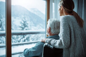 Caregiver and senior in a wheelchair enjoy a winter view