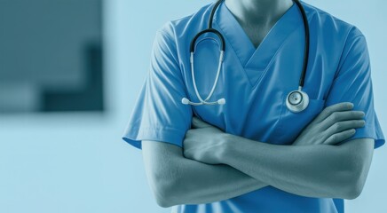 Medical Professional: a healthcare provider stands, exuding professionalism and care with crossed arms, the stethoscope adds a touch of expertise
