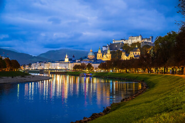 City of Salzburg with Salzach River and Fortress Hochensalzburg, Austria