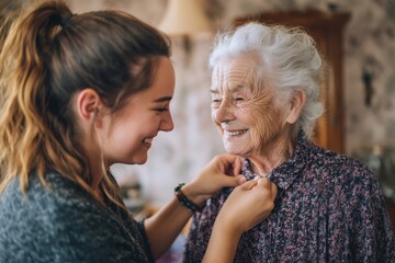 Smiling caregiver helps an elderly woman get dressed
