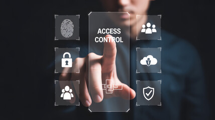 Person selecting access control with a futuristic touch screen interface featuring security protocols and icons for cloud and fingerprint identification