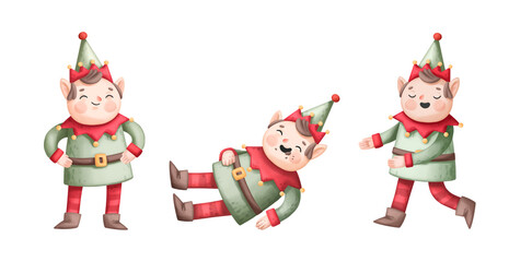 Set of three hand-drawn Christmas elves in different poses: standing, lying down, and walking. Digital illustration for design.