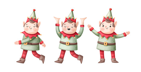 Set of three hand-drawn Christmas elves in different poses: walking, waving, and standing with open arms. Digital illustration.