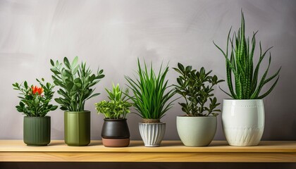 Obraz premium Many different plants in pots on wooden table indoors, space for text. House decor