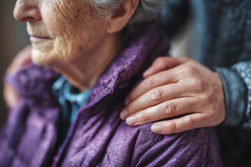 Caregiver's Hand Gently Resting on an Elderly Woman's Shoulder