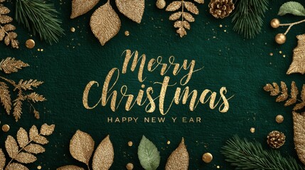 Merry Christmas and happy new year greeting card with green leaves, sparkling spots, and gold script on a festive dark green background