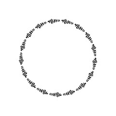 Hand drawn plants, dividers, wreaths, border frames. Circle floral frame with leaves on white background. Vector hand drawn illustration for wallpaper, posters, card. Copy space. Doodle style.