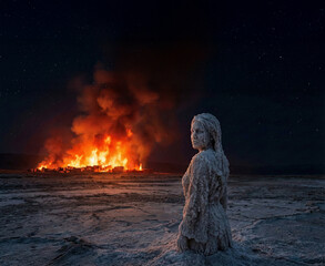 Lot's wife transformed into a pillar of salt while looking back at the fiery destruction of Sodom and Gomorrah.