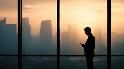 Businessman Using Smartphone by Panoramic Office Windows with City Skyline