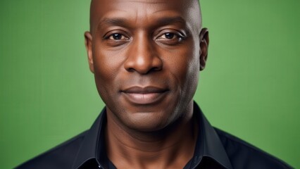 Close-up portrait of a confident African man with a subtle smile against a vibrant green background