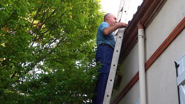 a man on a ladder cleaning the roof and gutter.