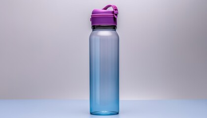 Plastic reusable water bottle over grey background, drinking water. 
