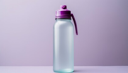 Plastic reusable water bottle over grey background, drinking water. 