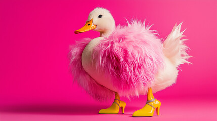 A stylish duck wearing a fluffy pink fur coat, posing confidently and adding a playful, fashionable twist to the scene.