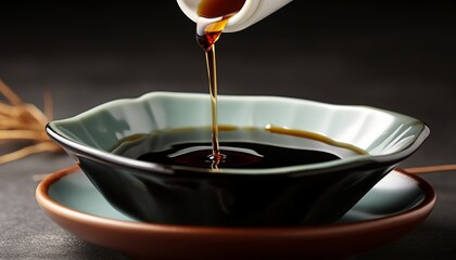 Pouring soy sauce into bowl on grey table, closeup