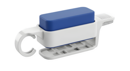 Modern white and blue plastic window cleaner tool with magnetic attachment for easy access isolated on transparent background