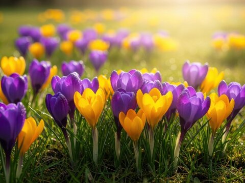 Vibrant field of purple and yellow croci
