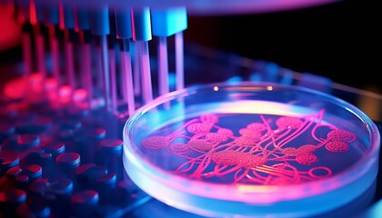 Samples with dna lying on cell cultury dish near microscope 