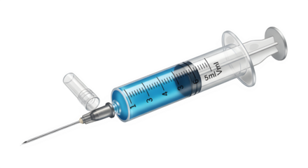 Medical syringe with needle and blue liquid for injection or vaccination isolated on transparent background