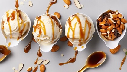 Scoops of ice cream with caramel sauce and nuts on light grey table, flat lay