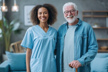 Portrait of a Diverse Caregiver and a Senior Man with a Walking Cane