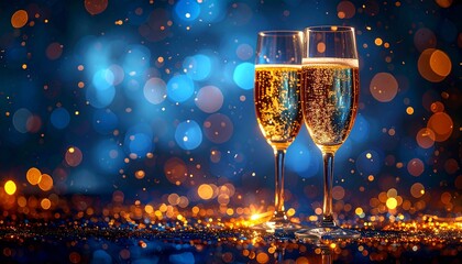 Two glasses of gold champagne on a black background for a festive New Year celebration