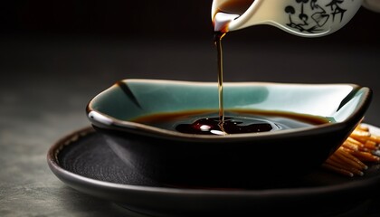 Pouring soy sauce into bowl on grey table, closeup