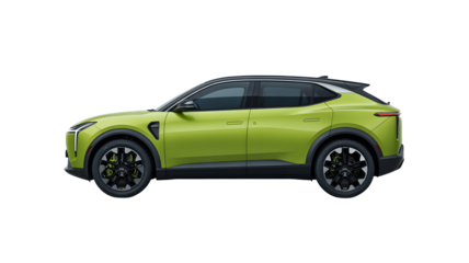 Side view showcasing sleek electric car in vibrant green against a studio backdrop, revealing its modern design and aerodynamic features
