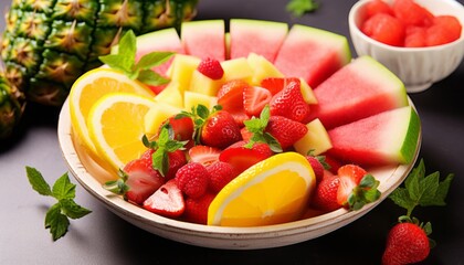 Summer fruits assortment platter antipasti, watermelon, pineapple, melon and strawberries.