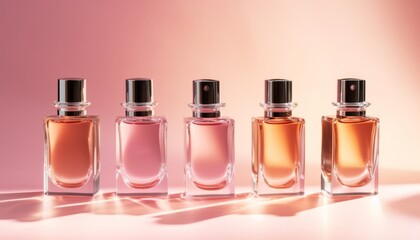 Transparent bottles of perfume on a pink background. Natural light and shadows. Women's and men's essence concept.