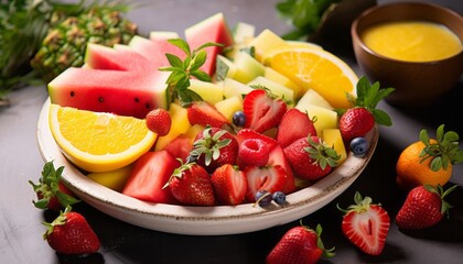 Summer fruits assortment platter antipasti, watermelon, pineapple, melon and strawberries.