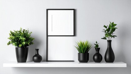 Minimalist shelf decor with black vases, leafy plants, and blank vertical frame on light gray wall