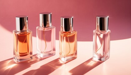 Transparent bottles of perfume on a pink background. Natural light and shadows. Women's and men's essence concept.