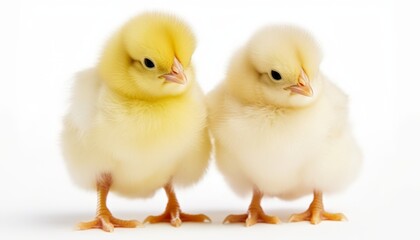Two cute fluffy baby chickens on white background