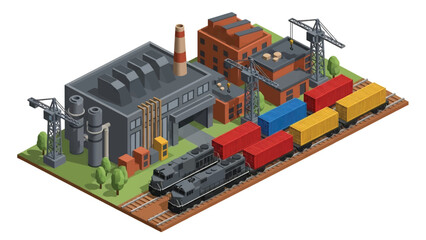 Isometric vector 3D view of railway freight transport with cargo trains moving containers through industrial landscapes, highlighting efficient rail logistics systems