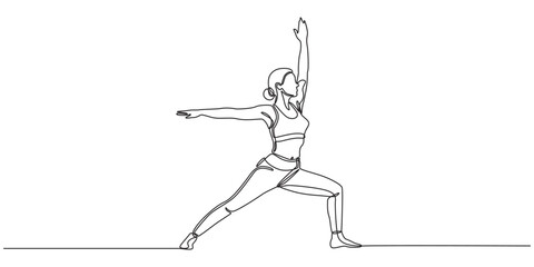 Woman Fitness Exercise Continuous One Line Drawing. Active Lifestyle Simple Linear Style, Woman Yoga Minimalist One Line Drawing. Woman Yoga Pose Line Art Trendy Illustration, doing yoga exercise.01