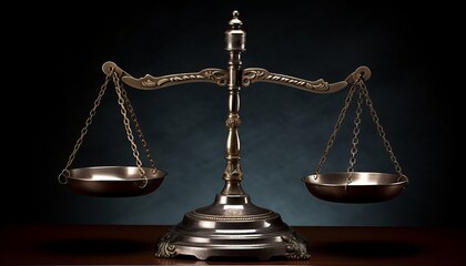 Vintage metalic balance scale on dark background. Justice, equality, freedom