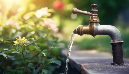 Water tap in the garden. Increasing the price of water, save the planet, save water