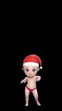 Cute Santa baby dancing with a hat isolated with copy space . Seamless funny Christmas vertical video.