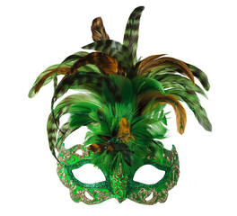 Colorful green mask with large feathers for a festive event or celebration time. Venetian carnival mask 