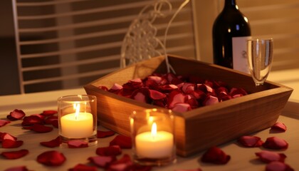 Wooden tray with wine, burning candles and rose petals on tub in bathroom. Valentine's day celebration