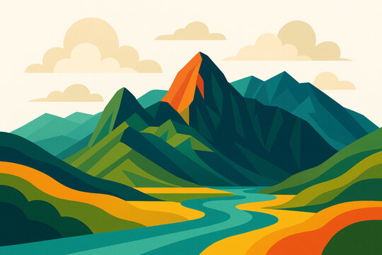 Stylized Ecuadorian Andes Landscape Illustration with Mountains, Rivers, Clouds, Abstract Geometric Vector Art, White Background