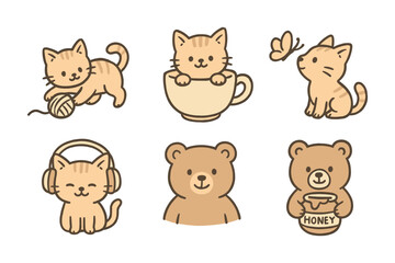 Obraz premium Cute cartoon animals featuring cats and bears in playful scenes