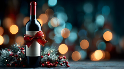 A wine bottle adorned with a red bow, set against a festive background with bokeh lights, perfect for holiday celebrations.