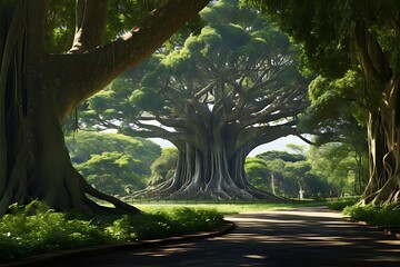 Giant banyan tree in the park with city view