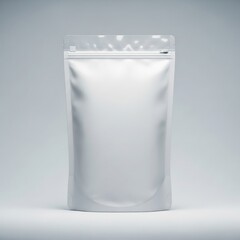 A blank white stand-up pouch with a resealable zipper closure shown in a minimalist studio setting for packaging mockup