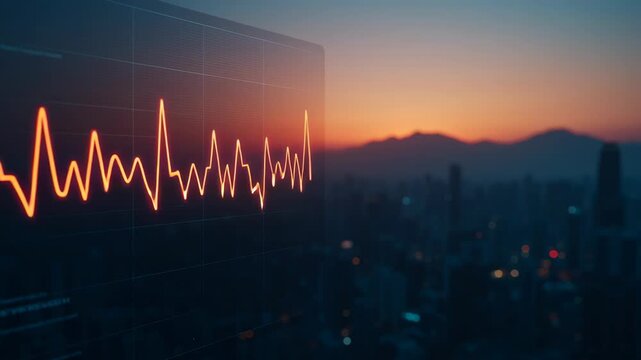 Connected health systems, showcasing a heartbeat graph at sunset.