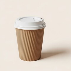 A brown corrugated paper coffee cup with a white lid standing against a plain beige background in a minimalist studio shot