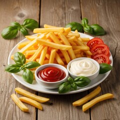 A plate of golden french fries accompanied by dipping sauces, tomatoes, and basil on a rustic wooden table